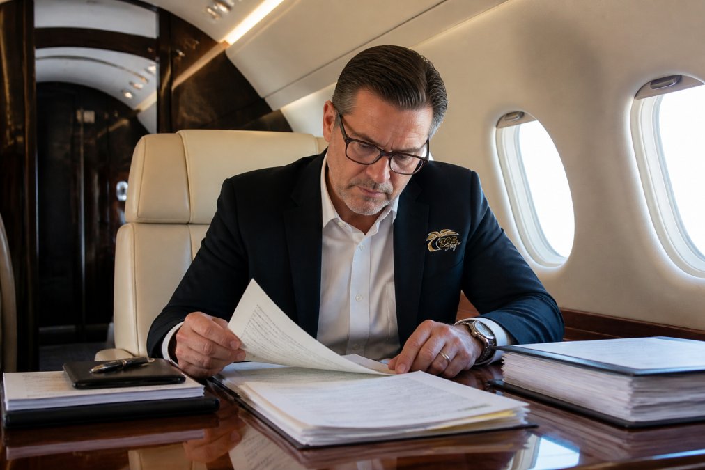Professional reviewing aircraft registration documents and FAA registry records on a laptop at a desk with paperwork and title reports