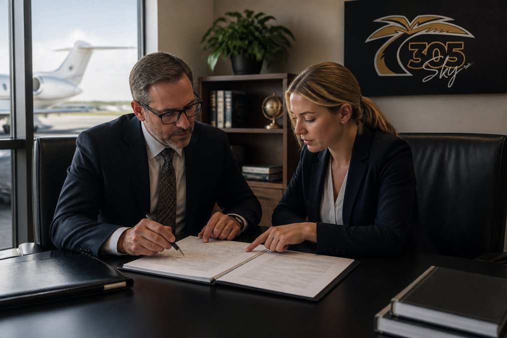 Aviation attorney and client reviewing aircraft purchase agreement and title report documents in a professional office setting