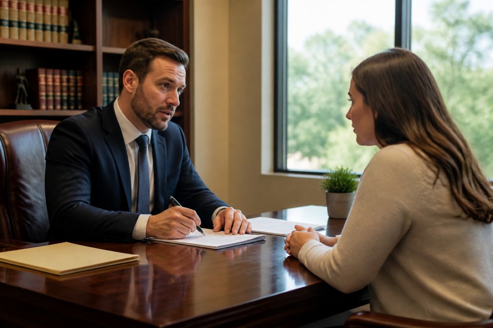 Attorney and client sitting across from each other at a wooden desk in a professional law office, reviewing documents and discussing case strategy with natural light from office windows