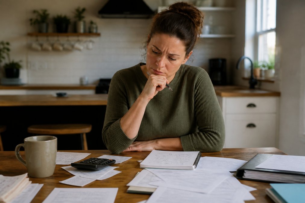 Parent sitting at home at a kitchen table surrounded by legal documents, financial records, and handwritten notes, appearing thoughtful and focused while making an important decision with soft natural light