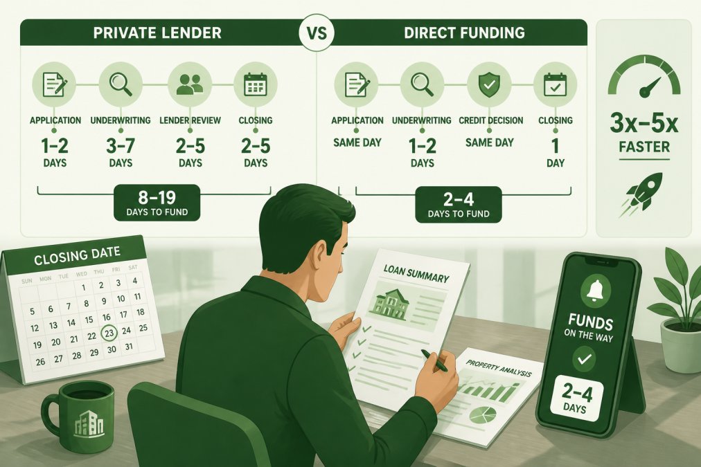 Professional real estate investor reviewing loan documents and timeline on desk with calendar, closing date checklist, and phone showing funding timeline notification in modern office setting