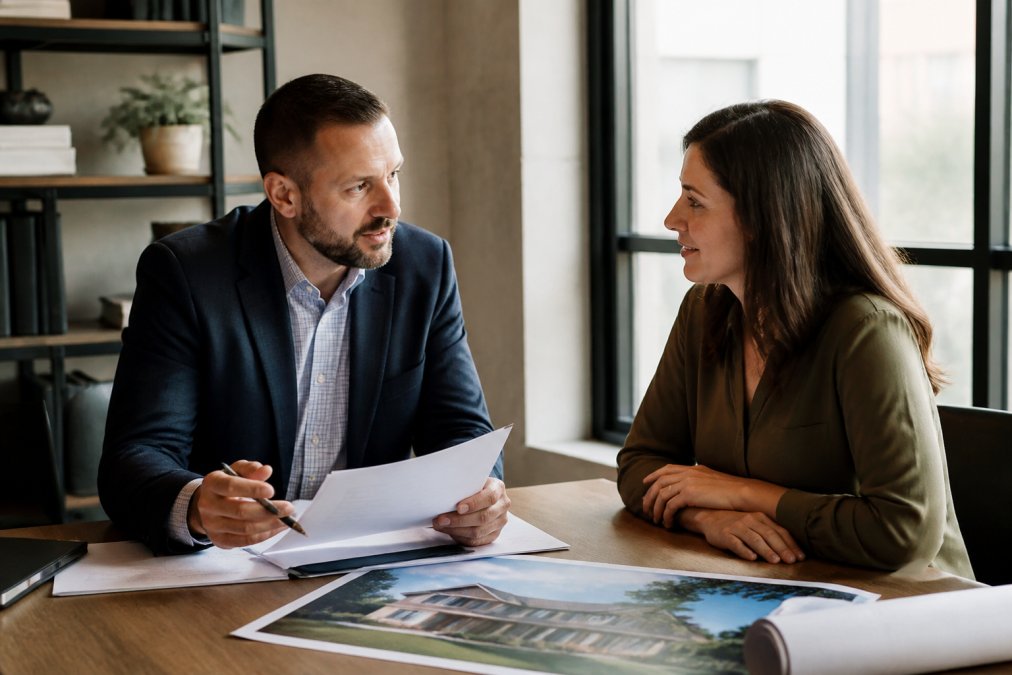 Lending professional meeting with real estate investor across modern office desk to discuss financing options, reviewing property documents and loan structure with natural window lighting