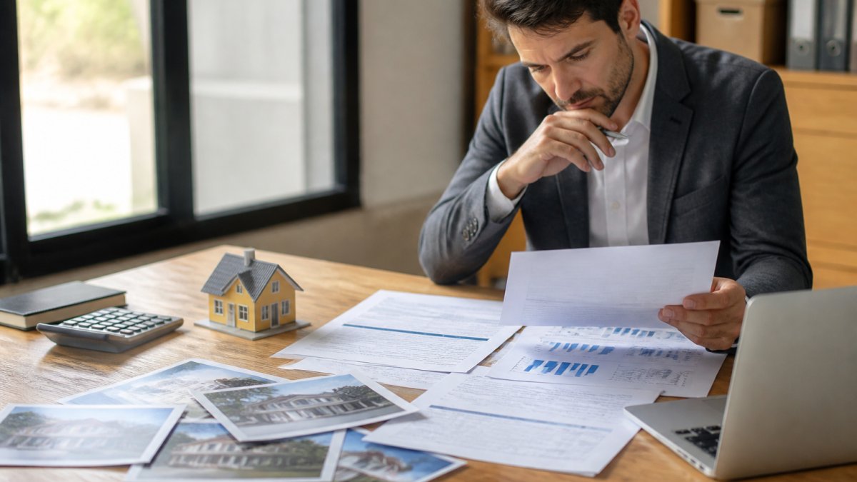 Real estate investor reviewing financial documents to compare private lending vs traditional mortgages at a desk.