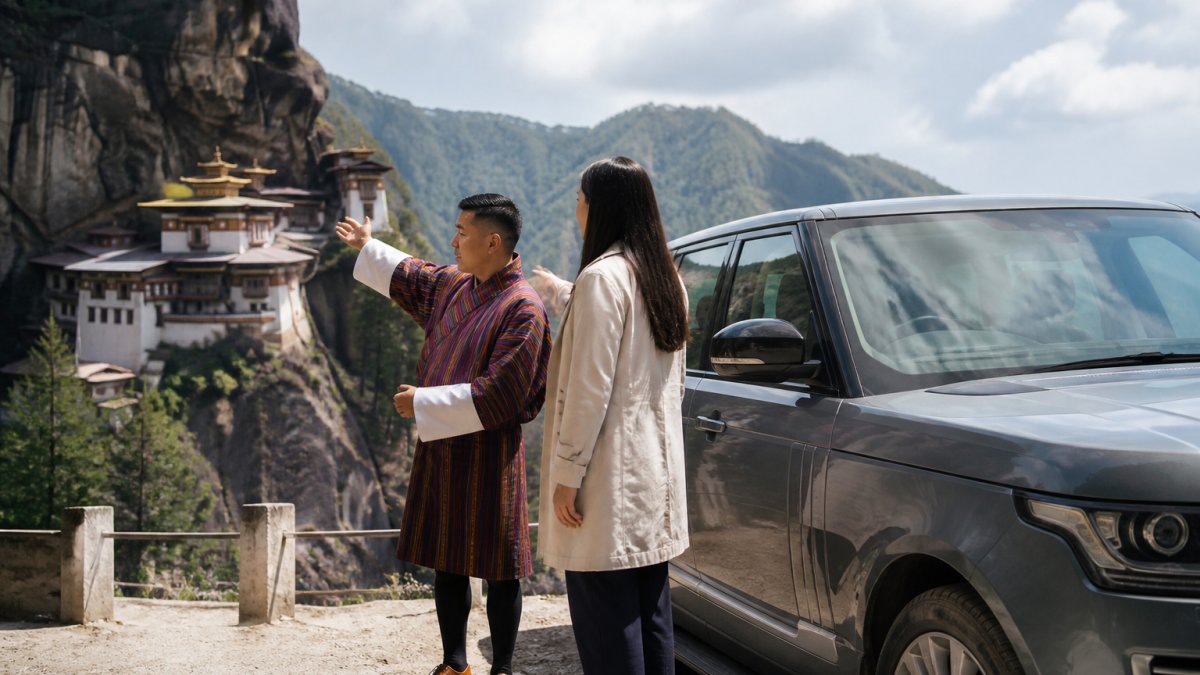 A private guide leading travelers through a serene temple courtyard during a luxury Bhutan tour.