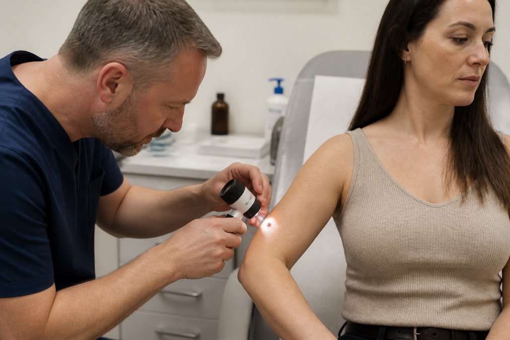 GP examining a patient's mole under bright clinical lighting, using dermoscopy equipment on the patient's arm in a modern surgery