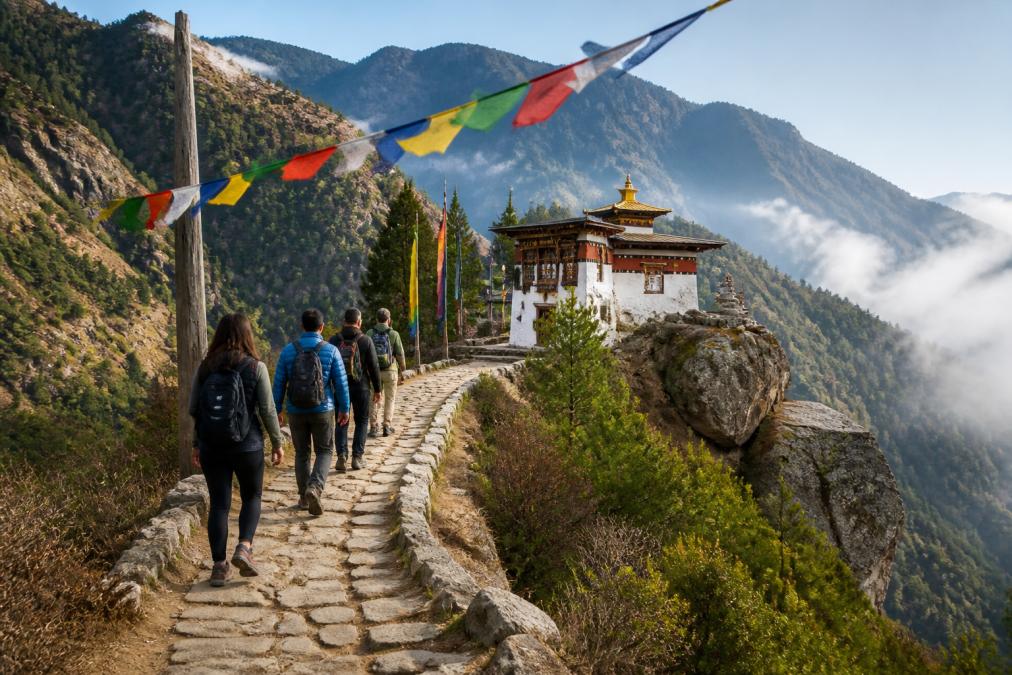 A small group of travellers walking a quiet stone path toward a whitewashed Buddhist monastery in the Bhutanese mountains, prayer flags strung overhead and mist in the valley below