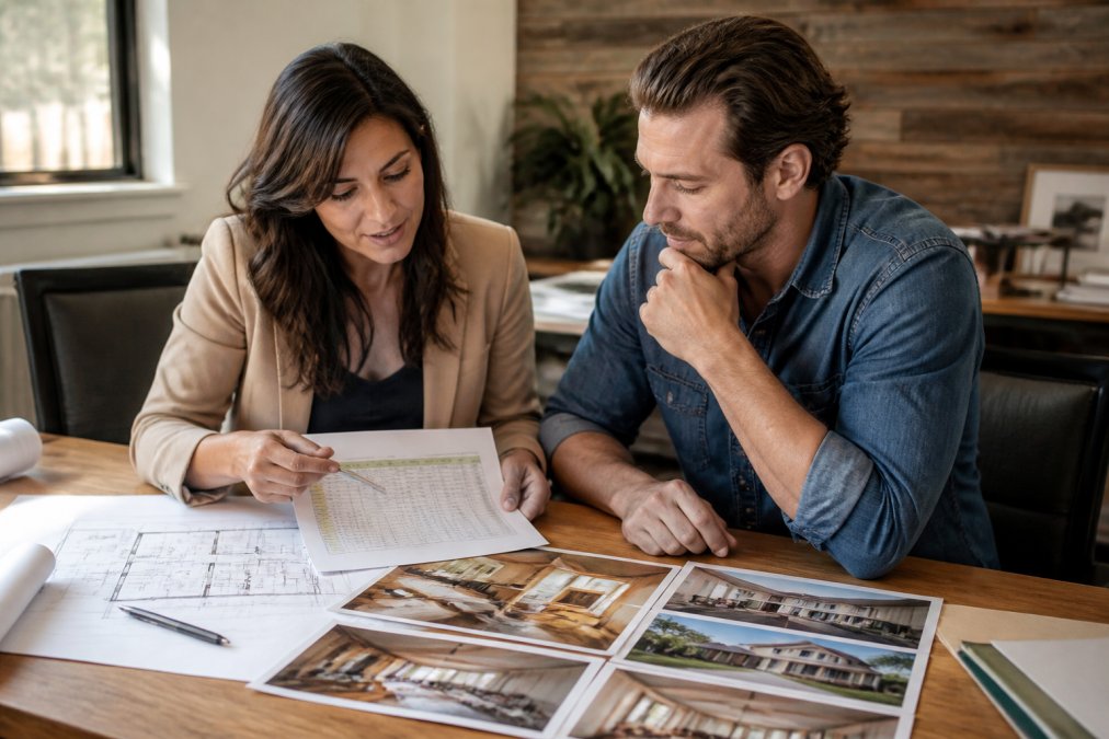 Real estate investor reviewing property renovation budget spreadsheet and before/after photos at a wooden desk with laptop and architectural plans