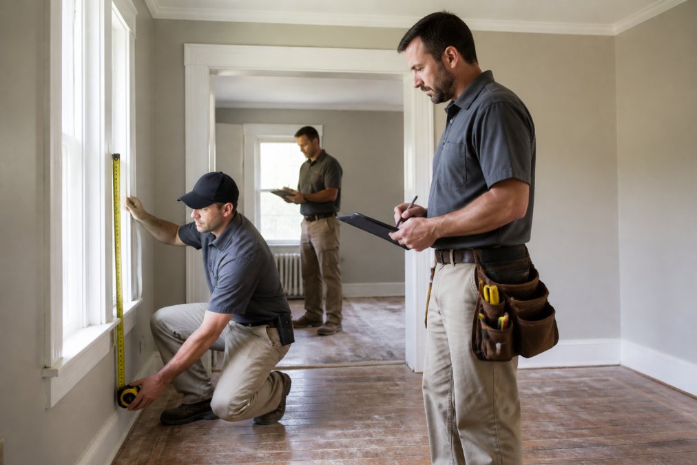 Team of professional home inspectors measuring walls and documenting findings in an empty residential property during thorough inspection