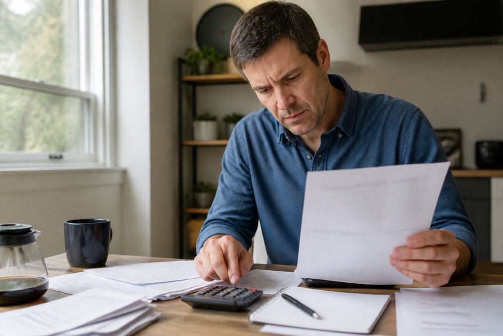 Homeowner reviewing documents to avoid private money lenders foreclosure traps with a calculator on their desk.