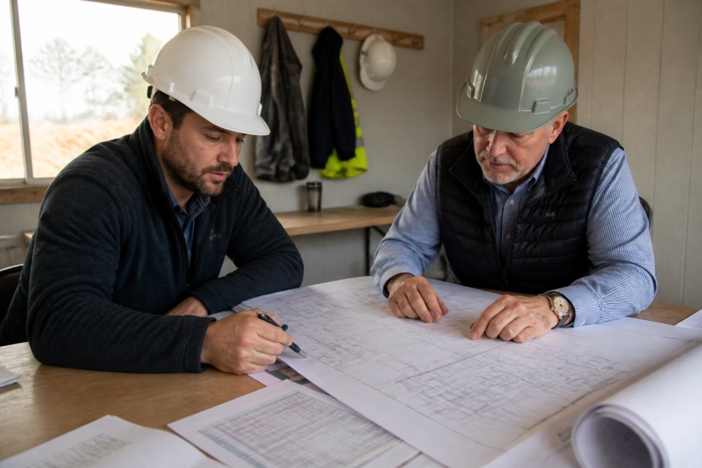 A real estate developer and a lender reviewing printed construction blueprints and a draw schedule document on a job site trailer desk, hard hats visible in the background, bright natural daylight coming through trailer windows