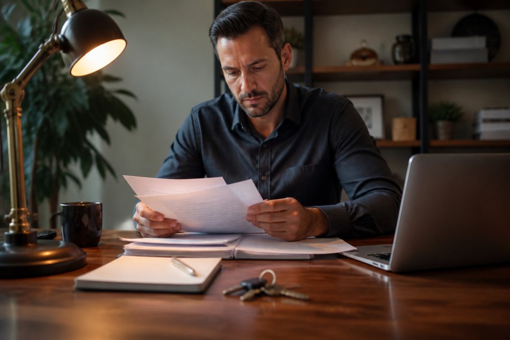 A real estate investor reviewing loan documents at a desk with a laptop open, a set of property keys and a notepad nearby, in a professional home office setting with warm desk lamp lighting