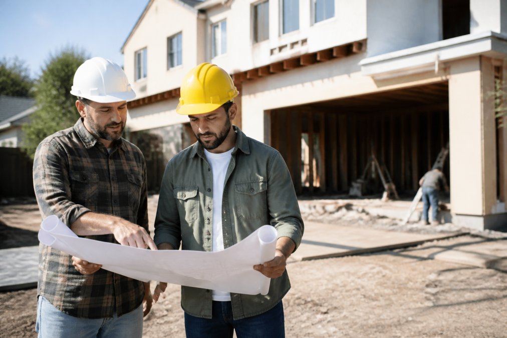 A real estate investor in a hard hat reviewing renovation plans on site with a contractor, with a property being flipped in the background