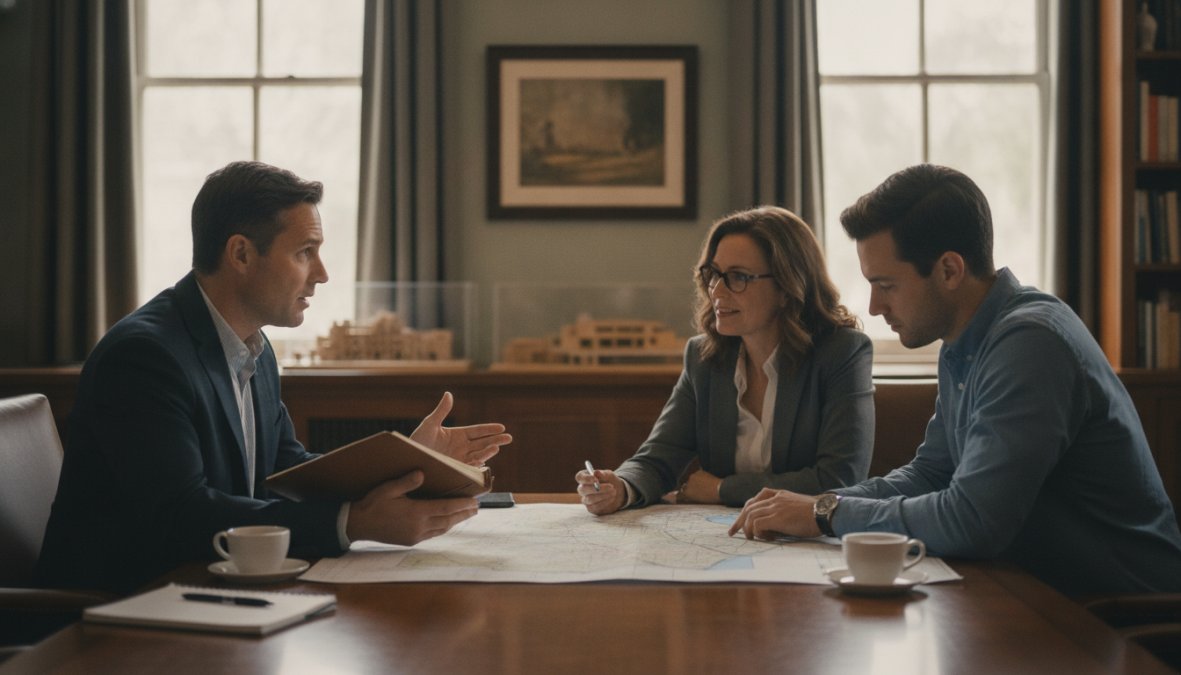 Commercial real estate investor reviewing loan documents and property details with a lender in a professional office setting, both seated at a wooden desk with property photos and financial statements visible
