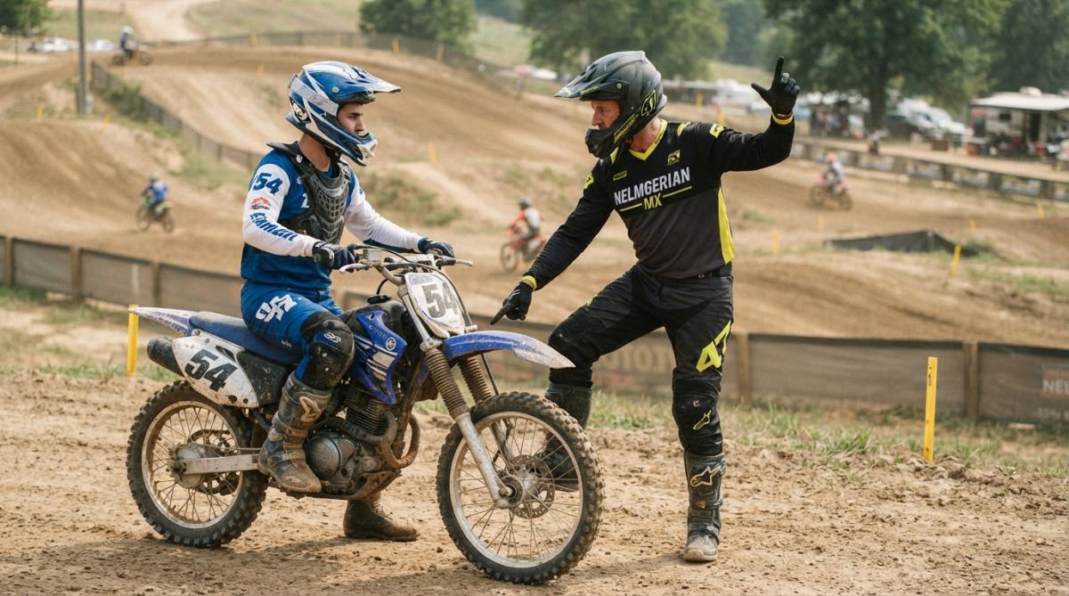 A beginner rider in full protective gear receiving one-on-one instruction from a coach on a dirt bike track, with the coach gesturing to demonstrate proper body positioning