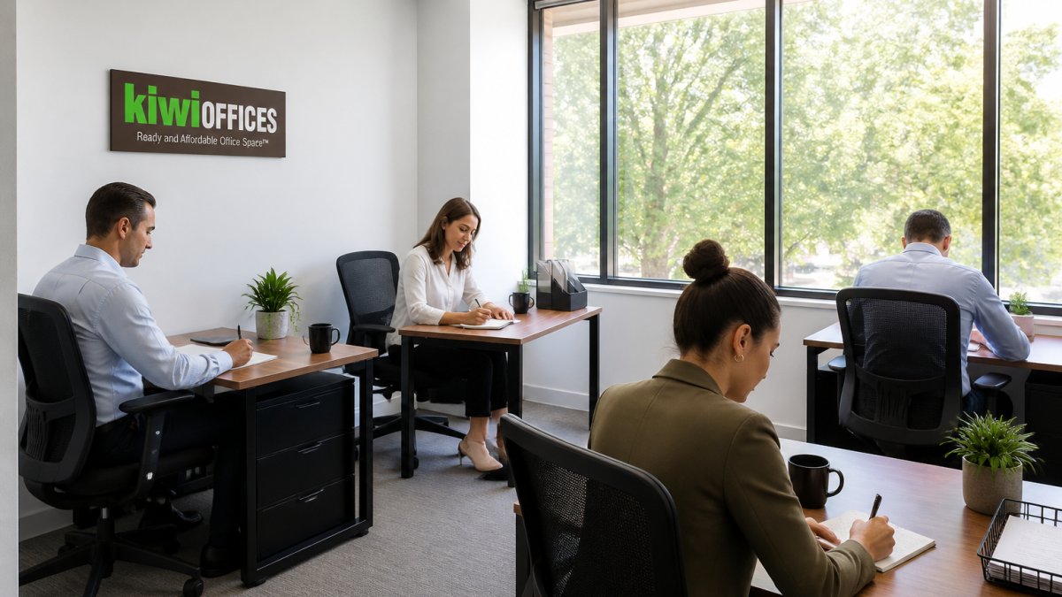 A small team of four professionals working at modern desks with ergonomic chairs in a bright, furnished private office suite, large windows with natural light
