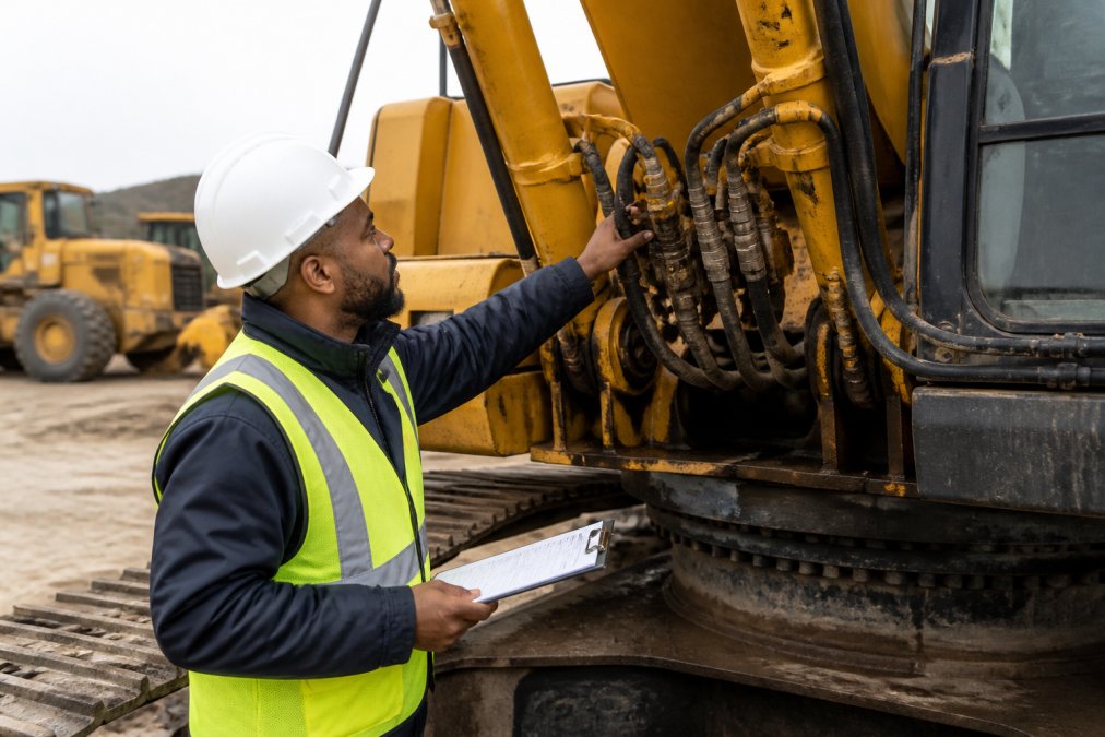 Professional inspector examining heavy equipment controls and hydraulic systems with clipboard in outdoor equipment yard, natural daylight