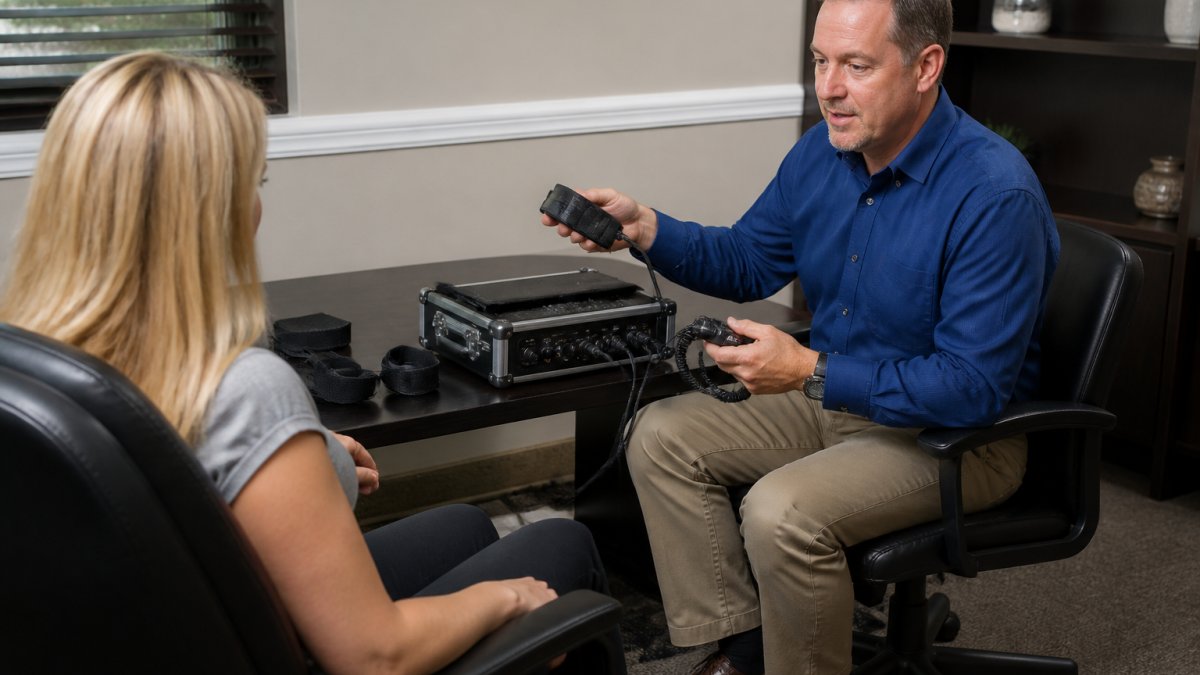 Examiner demonstrating equipment sensors during a private polygraph test for infidelity in a calm office setting
