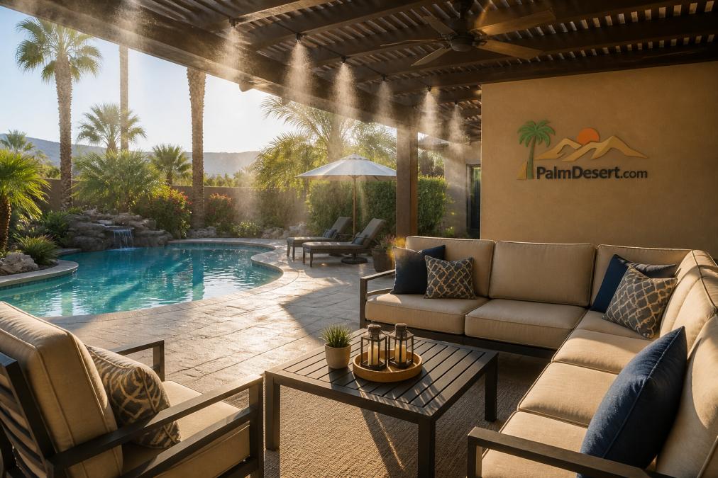 Fine mist cooling a shaded patio with pool views during a relaxing Palm Desert vacation.