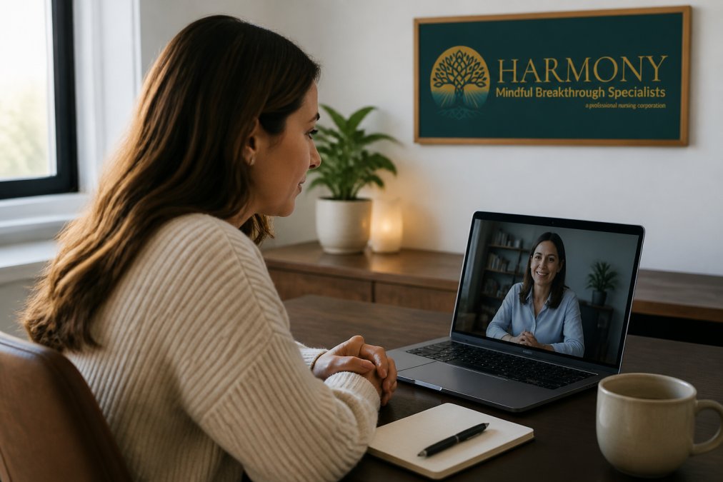 Clinician speaking with a patient during a telehealth psychiatric evaluation