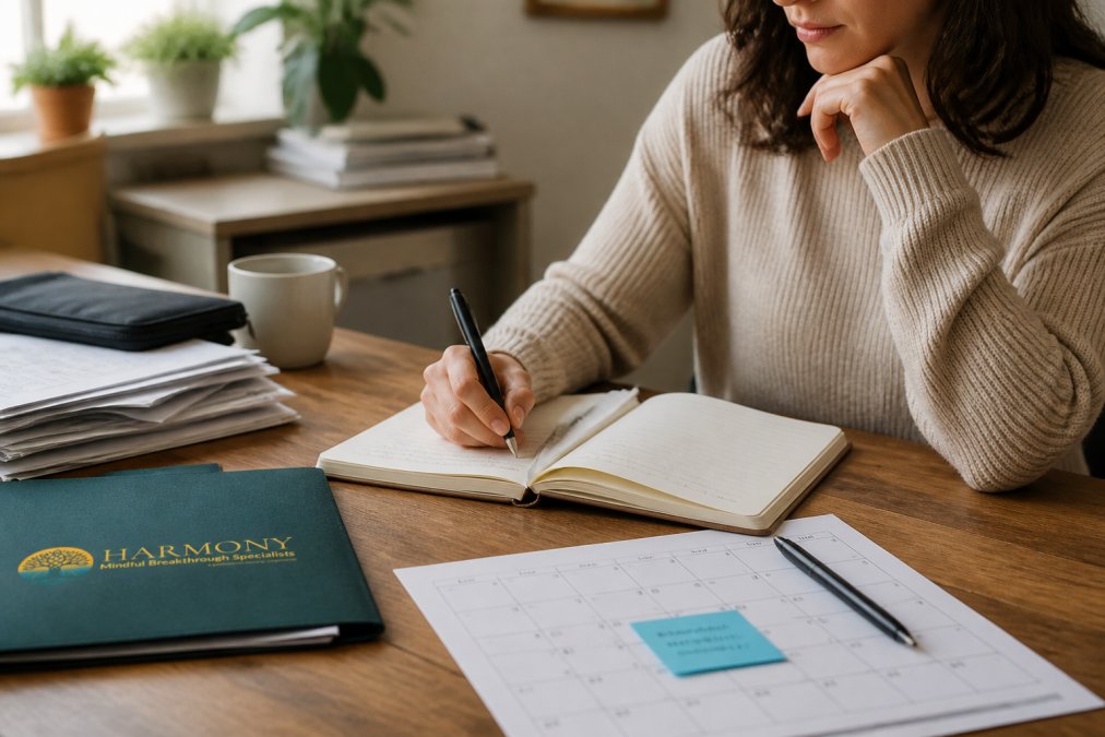 Adult reviewing notes and records while preparing for a psychiatric evaluation