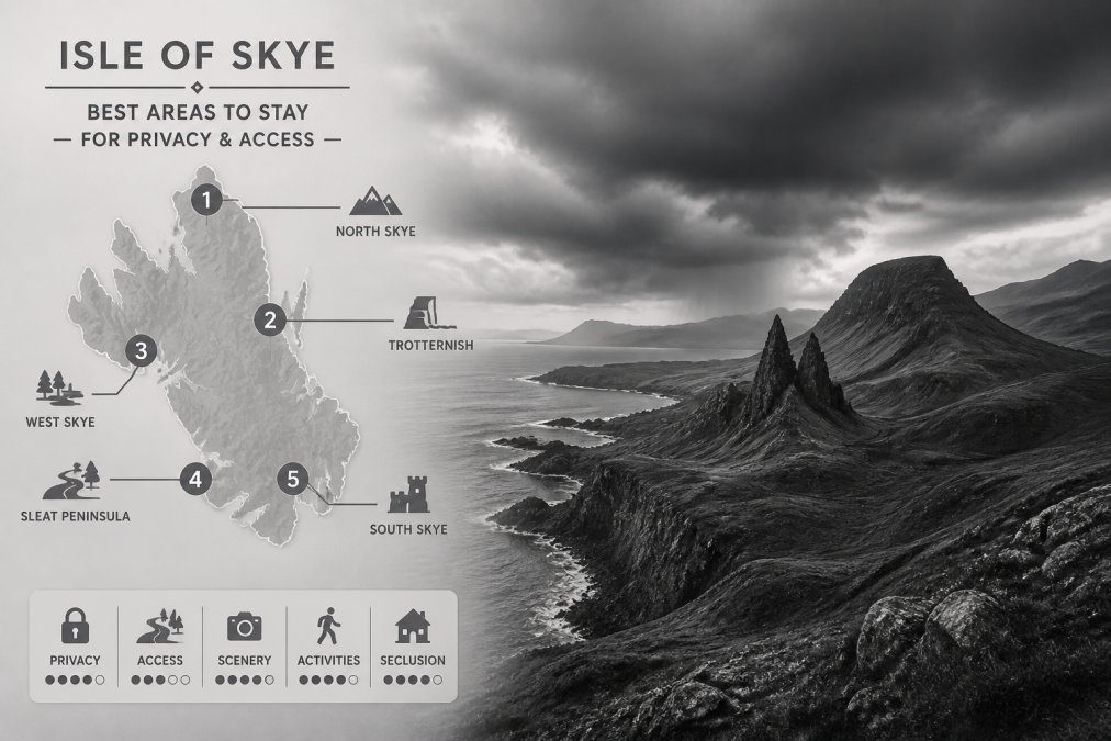 Dramatic landscape photograph of the Isle of Skye showing rugged highland terrain, coastal cliffs, and mountain ranges with dark storm clouds gathering over the water