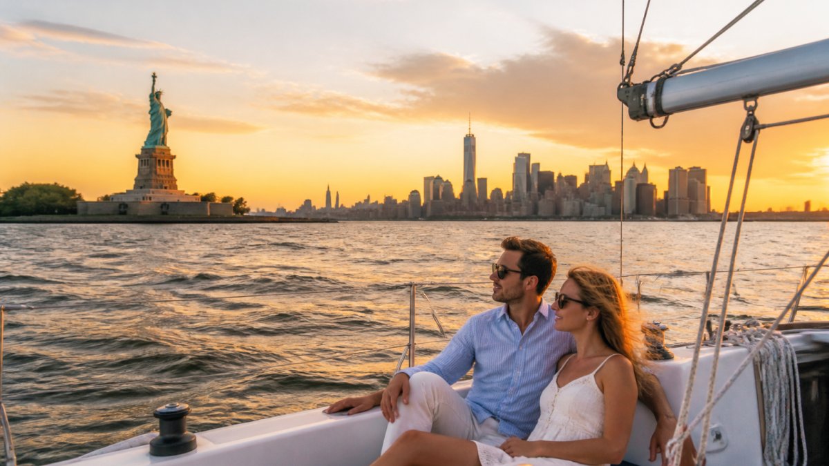 Couple relaxing on a private sailing boat at sunset with the Statue of Liberty and Manhattan skyline.