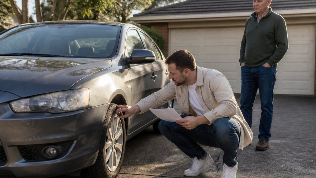 Buyer inspecting tyres on a used sedan during a private sale car finance check in a suburban driveway