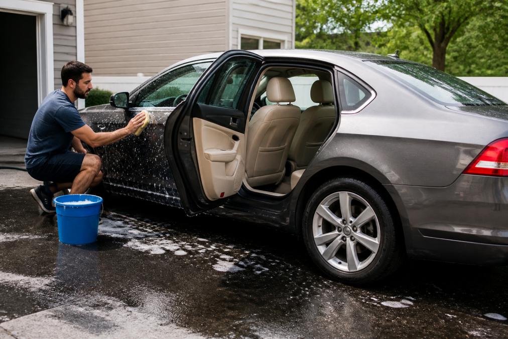 A person in a driveway hand-washing a sedan with a bucket and sponge, clean interior visible through the open door, bright daylight