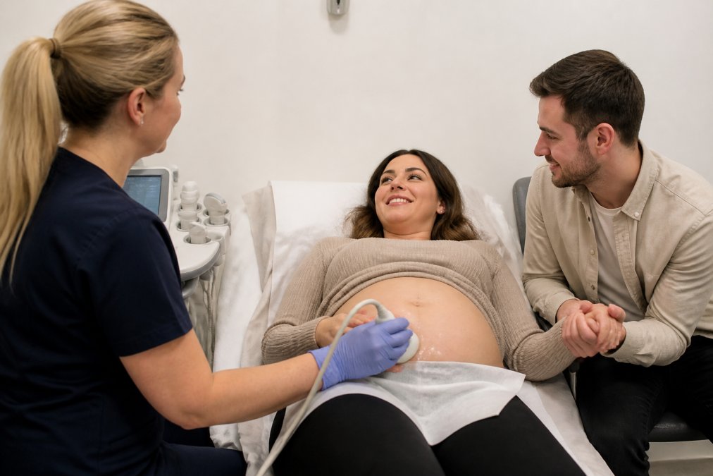 Sonographer performing an ultrasound for pregnancy peace of mind with a partner holding the expectant mother's hand