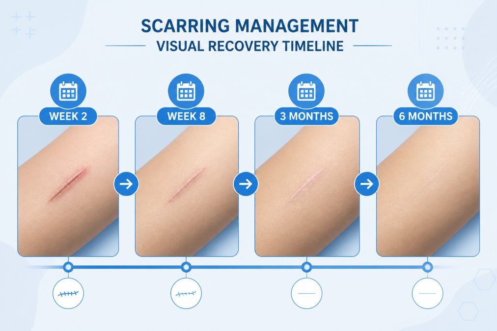 Close-up of a patient's arm showing a healing incision site at different stages, pink and slightly raised at week 2, fading to pale at week 8, nearly invisible at 6 months