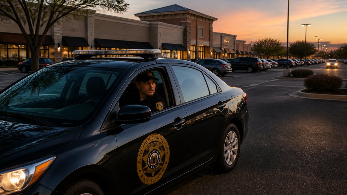 Uniformed security officer patrolling a parking lot at dusk as part of private security for retail shopping centers