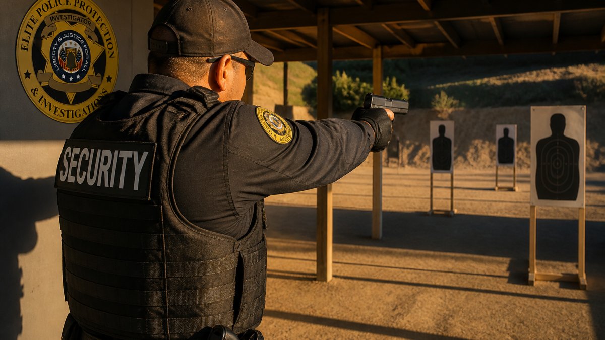 Professional security officer in tactical uniform demonstrating proper firearms handling stance at outdoor range with targets visible in background, sunlight streaming across the training area