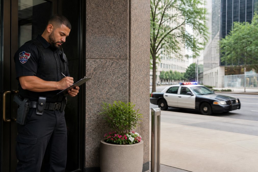 Uniformed private security officer checking a clipboard as a police cruiser drives by a commercial building
