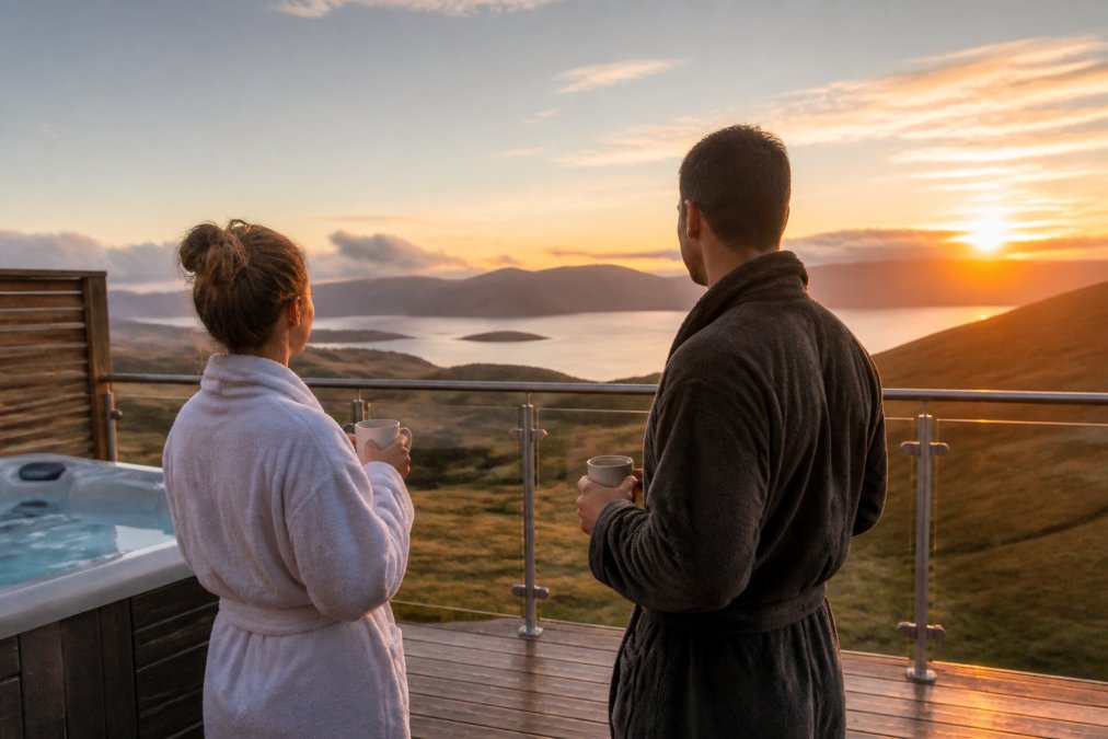 Couple enjoying a sunrise view from a luxury lodge terrace overlooking Highland mountains and lochs, with steaming hot beverages in hand and misty valleys below