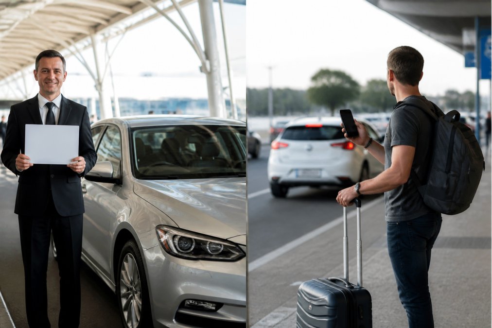 Professional taxi driver in uniform holding a welcome sign at Perth Airport arrivals terminal, standing beside a clean silver sedan, with natural morning light streaming through the terminal windows