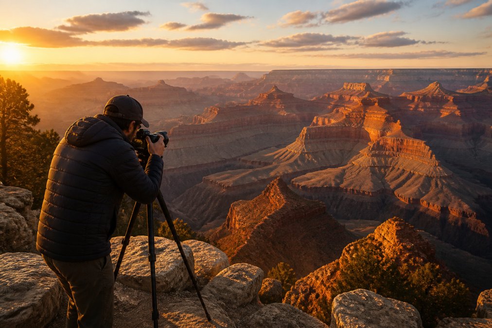 A photographer standing at a scenic South Rim overlook during golden hour, camera on tripod, with warm sunlight illuminating the layered canyon walls and distant buttes in the background