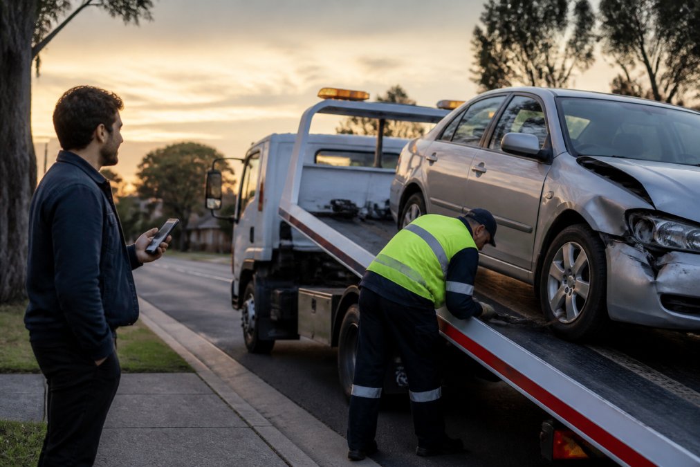 A tow truck operator securing a damaged sedan onto a flatbed truck on a suburban road at dusk, with a driver standing nearby holding a phone, looking relieved