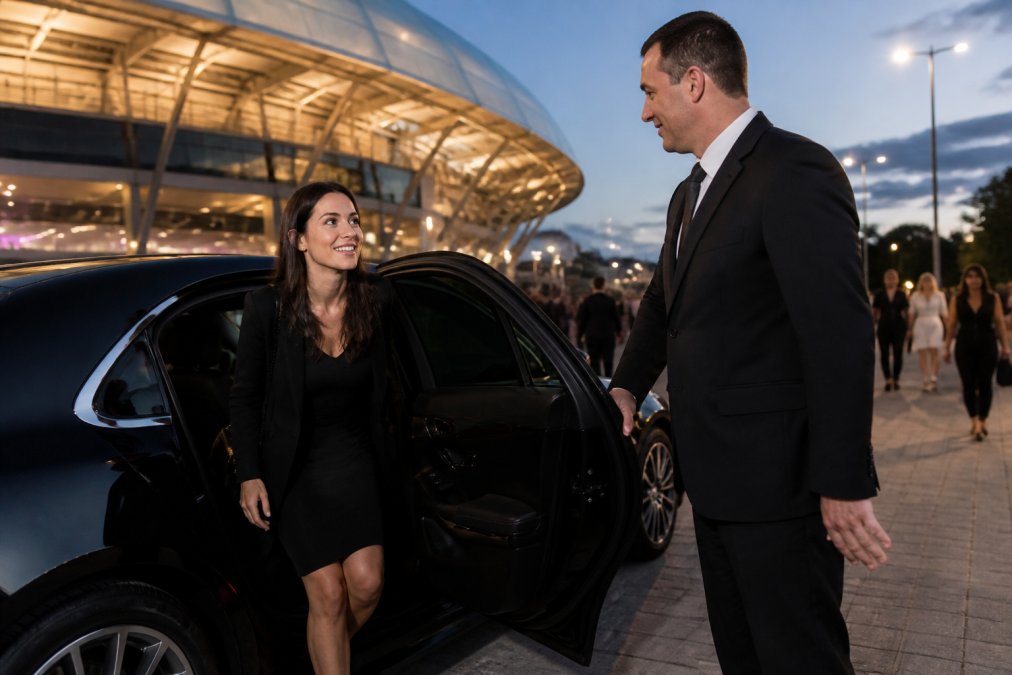 Professional chauffeur in dark suit holding open the door of a luxury executive sedan parked outside a modern concert venue at dusk, with stadium architecture visible in the background and warm evening lighting