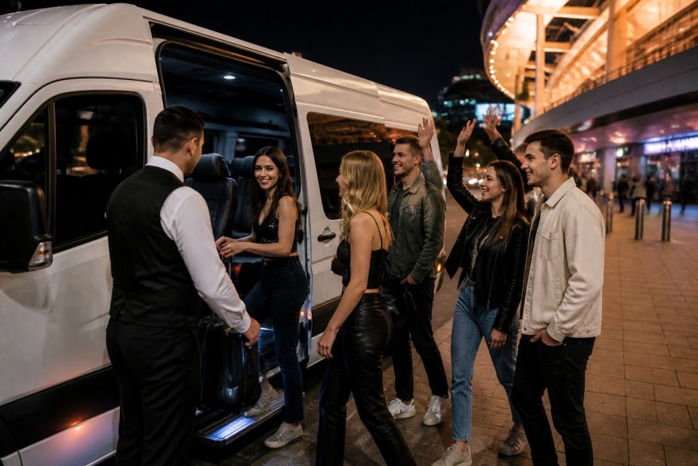 Group of six friends in casual concert attire boarding a luxury white minibus outside a modern concert venue, smiling and waving, with the uniformed driver assisting with luggage while evening city lights glow in the background