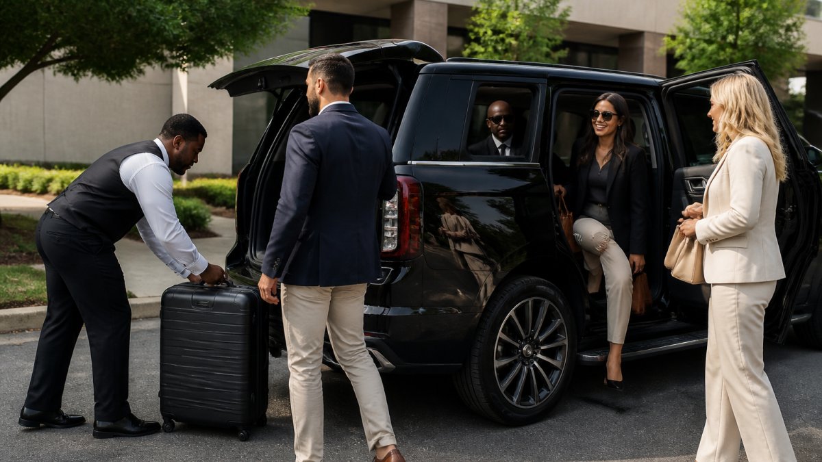 A diverse group of business professionals boarding a luxury black SUV, smiling and relaxed, with luggage being loaded by a uniformed driver in a professional parking area