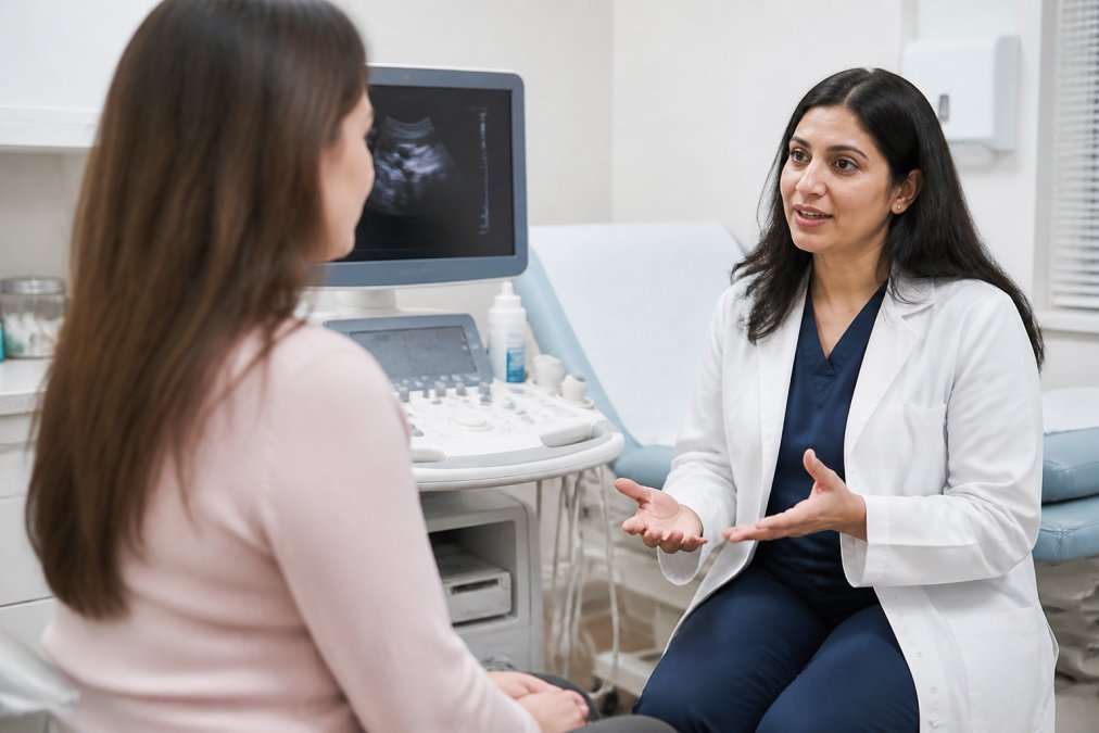 Woman in consultation room speaking with professional female gynaecologist, with ultrasound machine visible in the background, modern clinical environment with soft lighting