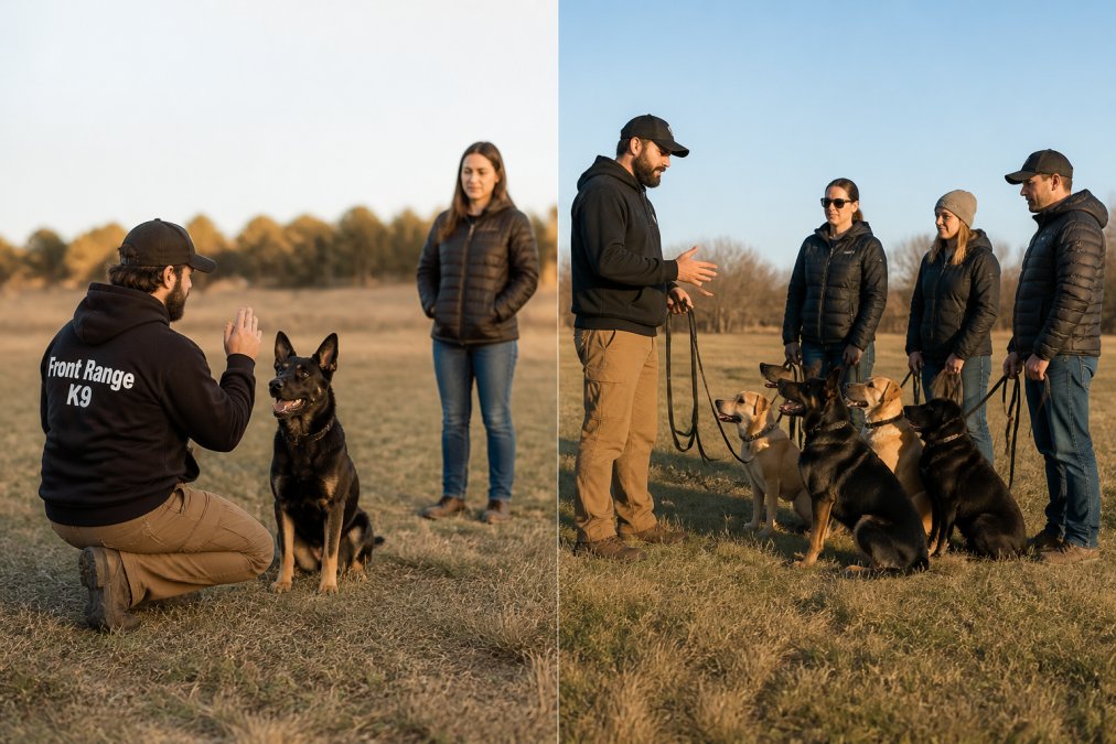 A professional dog trainer kneeling beside a dog in a quiet Northern Colorado field at golden hour, holding the dog's focus with a calm hand signal while the owner watches from a few feet away
