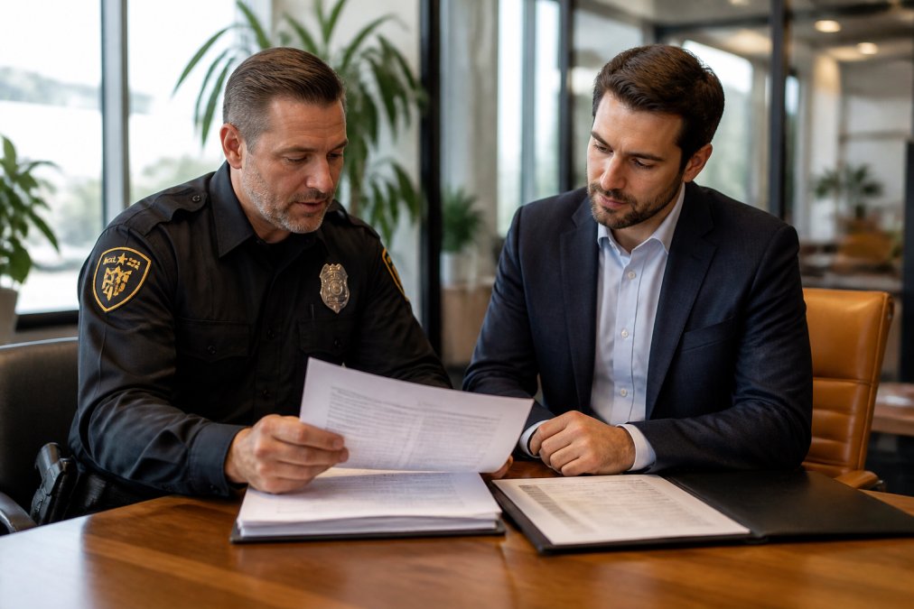 Professional security officer in uniform reviewing licensing credentials and training documentation with commercial property manager in modern office setting, natural lighting