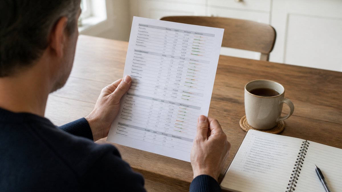 Person reviewing a detailed blood test report and reference ranges at home with a cup of tea
