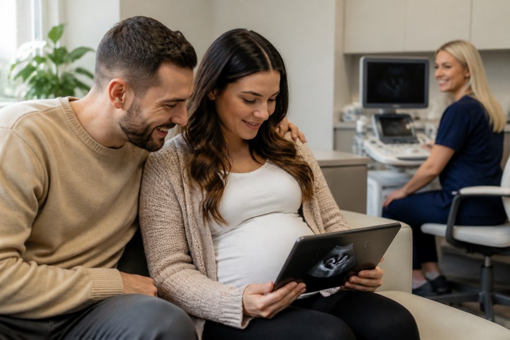 A pregnant woman and her partner sitting together in a calm, modern clinic waiting area, looking at a tablet showing scan images, with a supportive female sonographer in the background