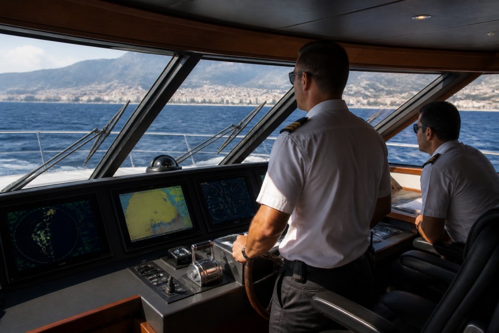 Professional crew members on the bridge of a luxury yacht, monitoring navigation and vessel systems during a Mediterranean crossing with multiple screens and radar displays visible