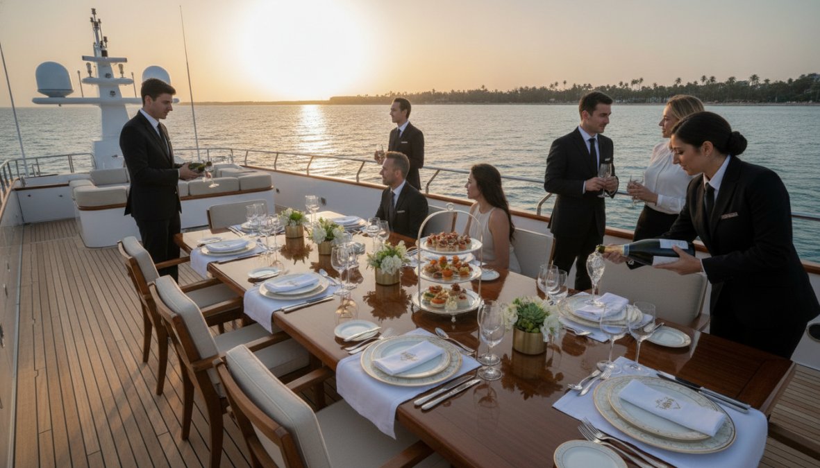 Elegant outdoor dining setup on a superyacht deck with gourmet place settings, fresh seafood centerpiece, professional onboard staff attending to guests, and ocean horizon at sunset