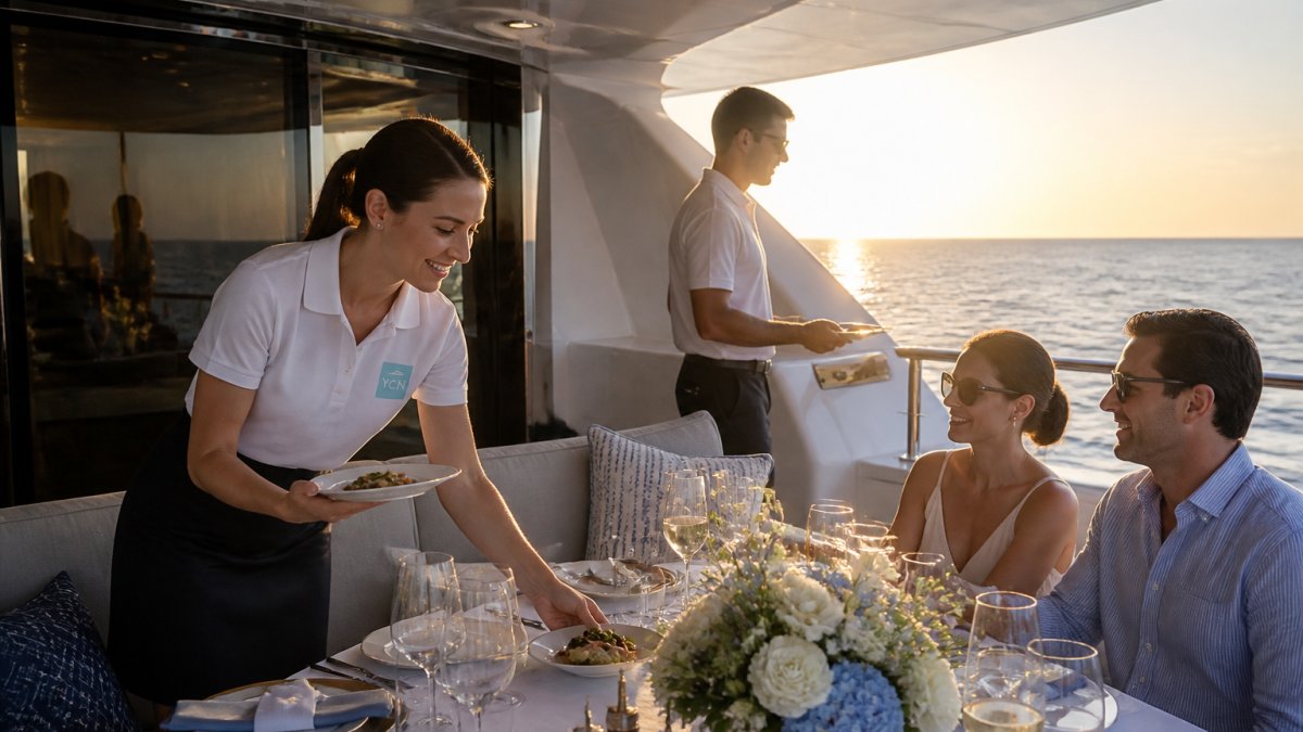 Professional crew members serving guests on a spacious yacht aft deck during golden hour, with personalized table settings and ocean views in the background