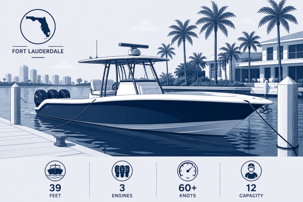 A sleek center console yacht moored at a private dock in Fort Lauderdale on a clear sunny day, with calm blue water and palm trees in the background