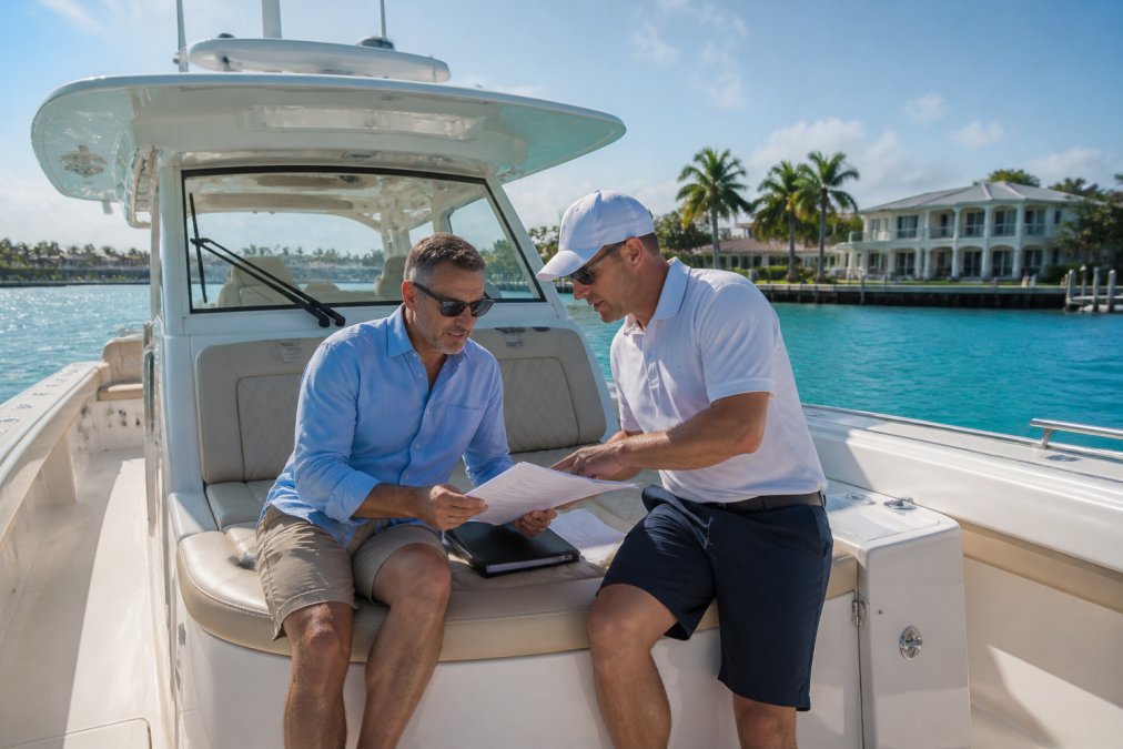 Luxury center console yacht anchored in crystal-clear blue waters with owner and professional captain on deck reviewing vessel documentation and registration materials in morning sunlight